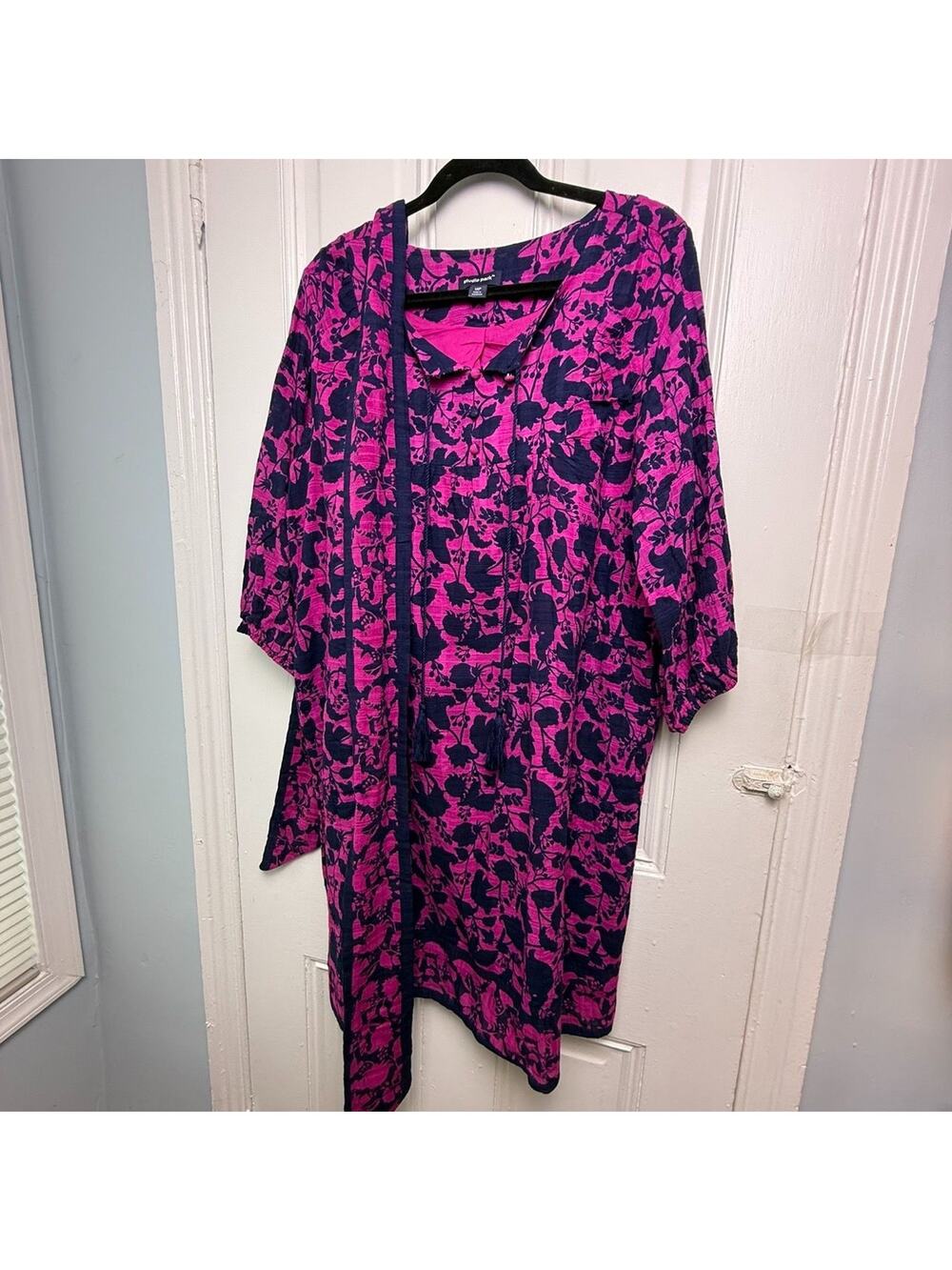 Studio Park Boho Cotton Dress Womens Petite 1X Berry Floral Tassels Belted NWOT